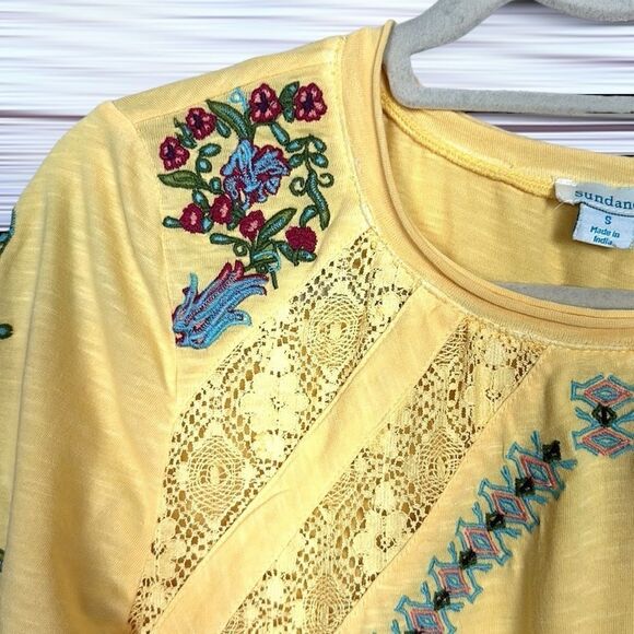 Sundance Yellow Floral Embroidered Lace Peasant Blouse Top T-Shirt Relaxed S - Picture 3 of 10